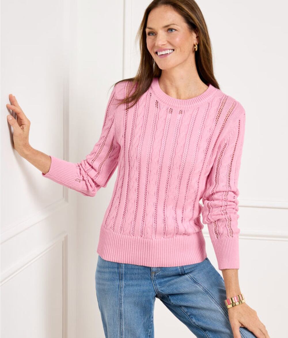 Talbots Pink Cable Knit Crew Neck Sweater Womens M Petite Lightweight NWT
